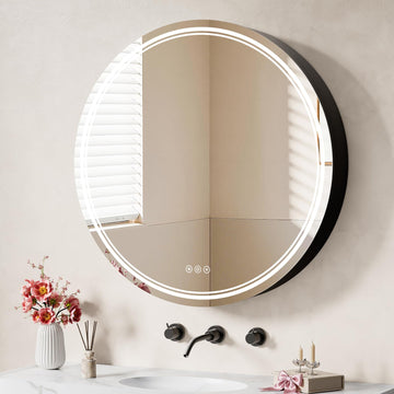 30 Inch Round Lighted Medicine Cabinet with Mirror, Black LED Medicine Cabinet with 3-Color Lights