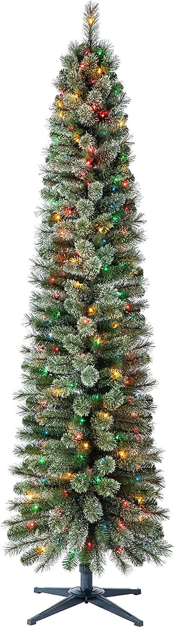 Stanley Slim Pre-Lit Pencil Christmas Tree - Artificial Pine with 350 Multicolor Incandescent Lights and 335