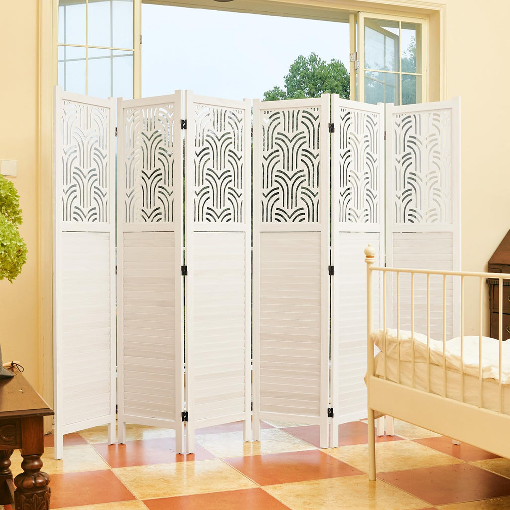 Folding Room Divider, 66.9 Inch 6 Panels Wood Carved Privacy Screens, Free Assembled Freestanding Portable Separation