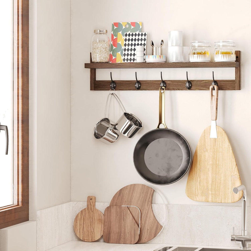 28.9 Inch Length Shelf with Hooks Entryway Coat Rack Wall Mount Wood Coat Hooks with Shelf Wall-Mounted Coat Hook
