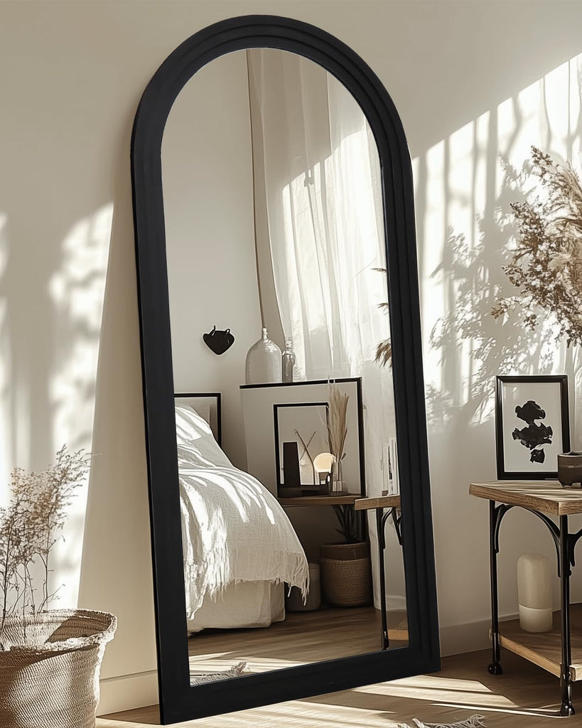 Full Length Mirror 71"x32", Arched Solid Wood Frame with Stand