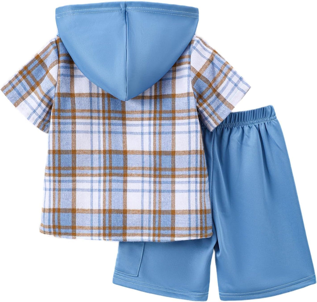 Boys Clothes Shorts Sets Plaid Short Sleeve Hooded Button Shirt and Jogger Shorts for Kids Summer Outfits