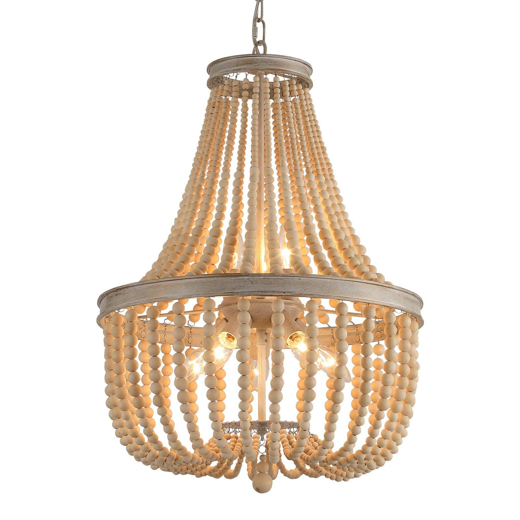 Farmhouse Wood Beaded Chandelier, Oak White 8-Lights Retro Vintage Antique Rustic Boho Pendant Light Fixture for Foyer