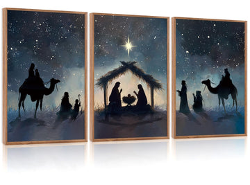 Framed Nativity Scene Decor, Starry Night Christmas Religious Prints