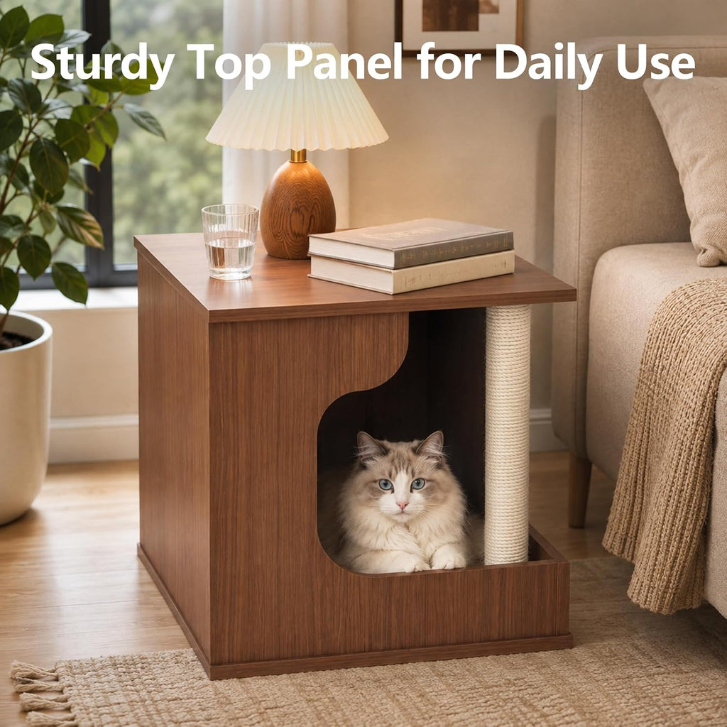 Wooden Cat House Side Table with Storage, Cat Nightstand End Table