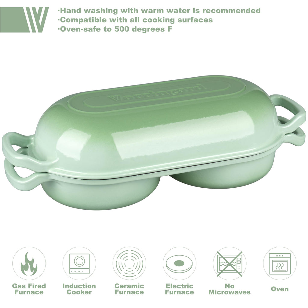 Enameled Cast Iron Double Dutch Oven with Lid, Dual Round Loaf Pan, Bread pan made Sourdough Bread Baking, Green