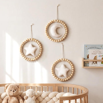 3 Pcs Boho Moon and Stars Wall Decor Nursery Wall Decors Wooden Bead Garland with Felt Centerpieces, Farmhouse Style