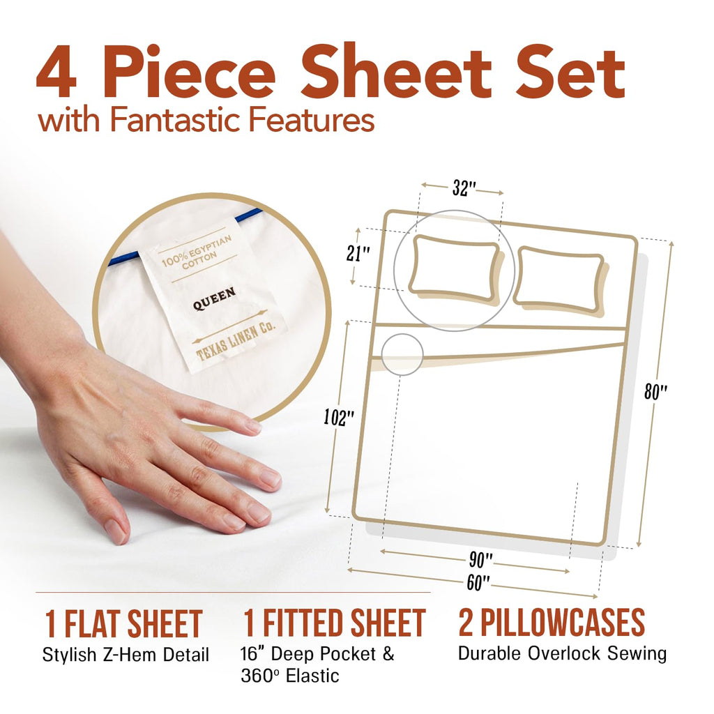 Egyptian Cotton Sheets Queen Size - 600 Series Queen Sheets Set (4 PC, White), 16" Deep Pocket, Soft, Cooling &