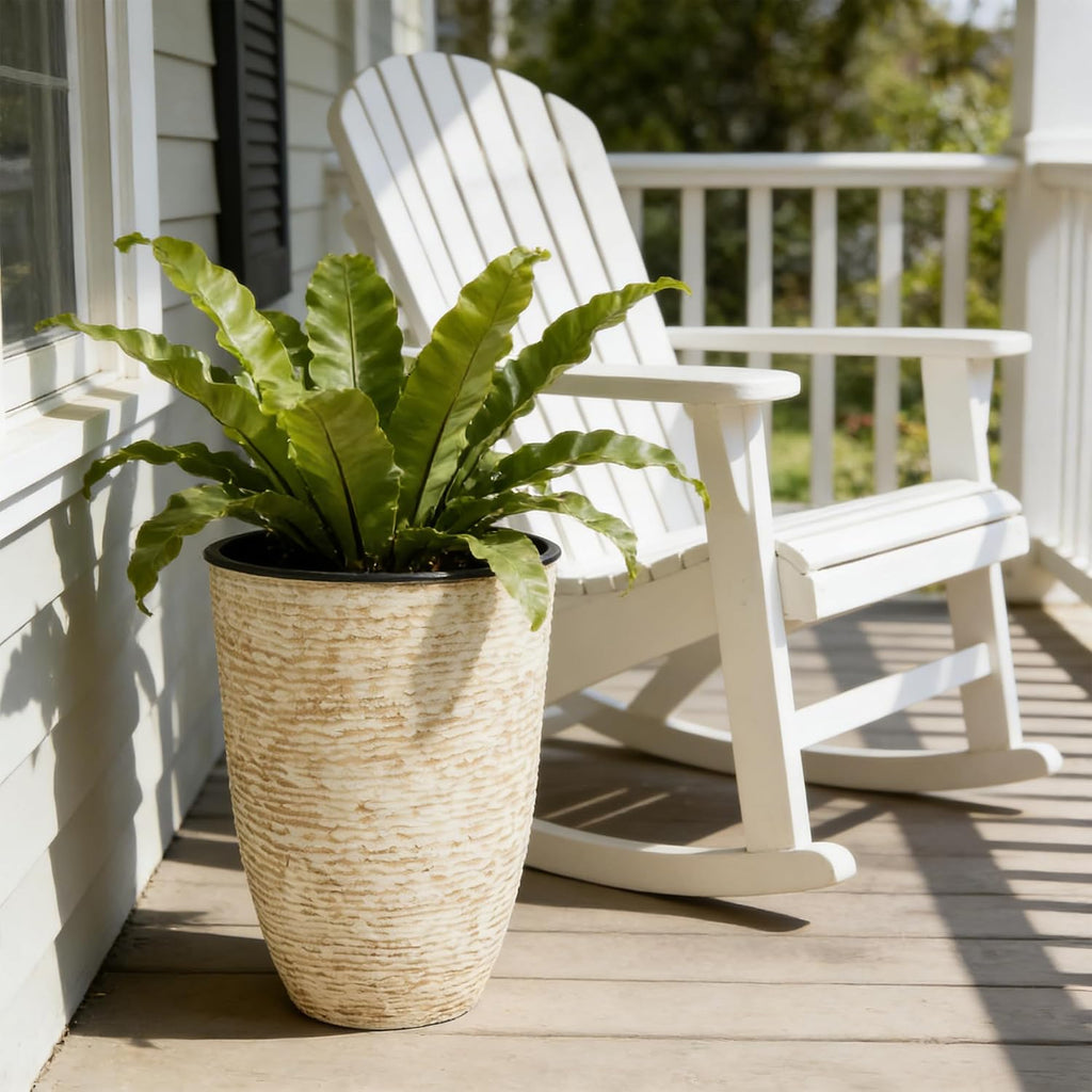 21" H Beige Tall Planters set of 2 with Inside Pots - 14'' Dia Large Round Plant Tree Pots with Drain Hole