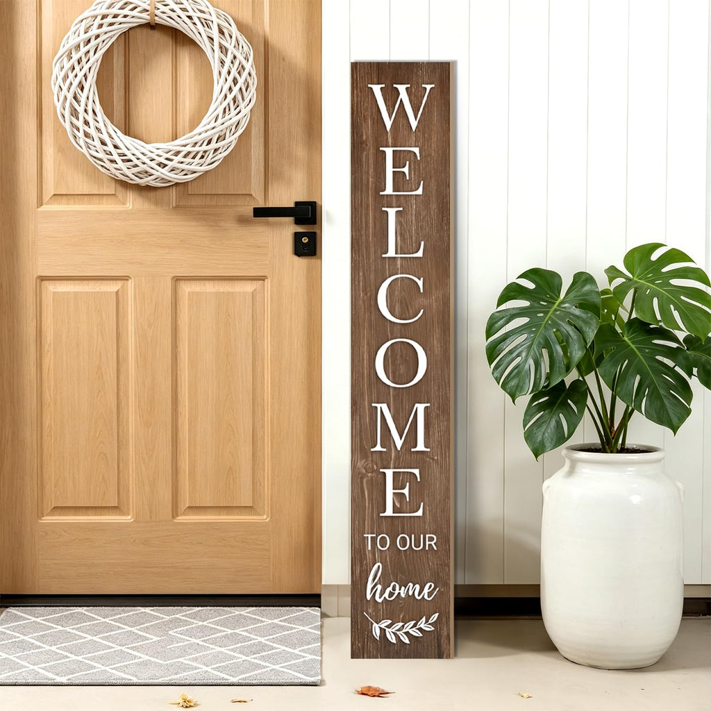 Fall Welcome Sign for Front Door, 47'' Brown Wooden Porch Sign Large Warm Greeting Door Sign Farmhouse Vertical Porch
