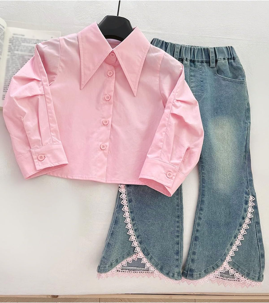 Toddler Girl 3 Piece Set Long Sleeve Shirt with Lace Bow Knitted Vest & Denim Jeans Girls Clothing Sets Fall