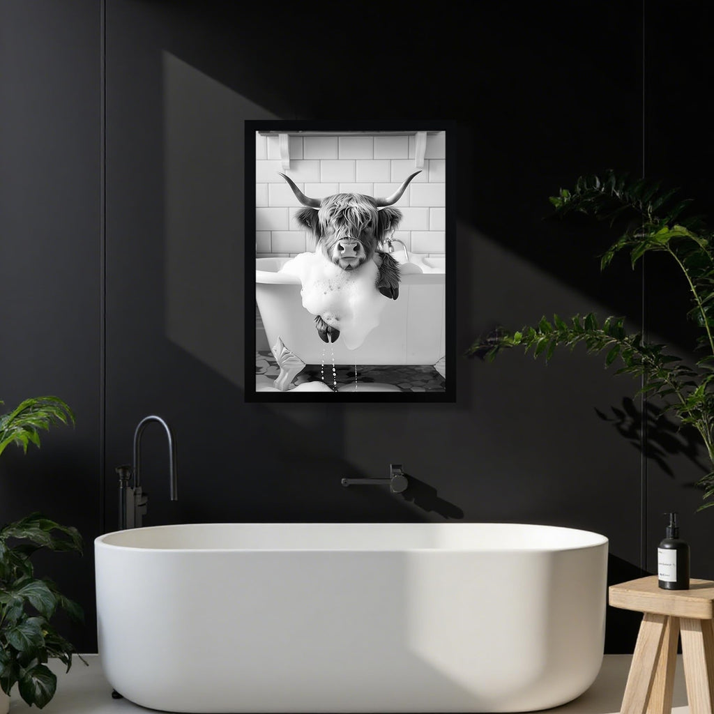 Black and White Highland Cow in Bathtub Canvas Wall Art 12x16 inch