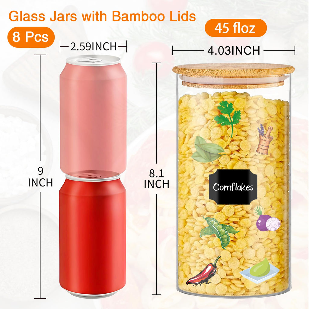 Glass Storage Jars 45 oz 4 Pcs Clear Glass Food Storage Containers with Airtight Bamboo Lid Stackable Kitchen
