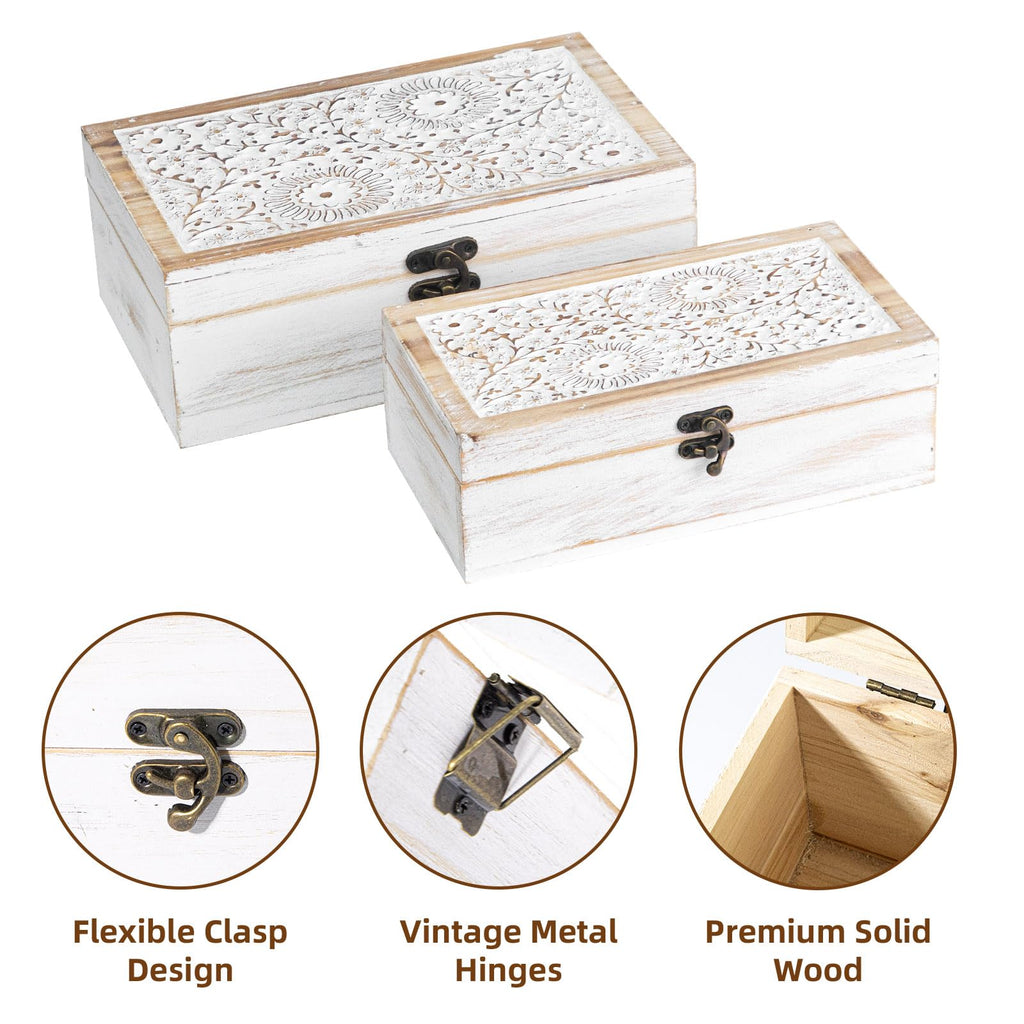 Rustic Farmhouse Decorative Wooden Boxes, Set of 2 Keepsake Box Decorative Boxes with Hinged Lid and Floral Carved