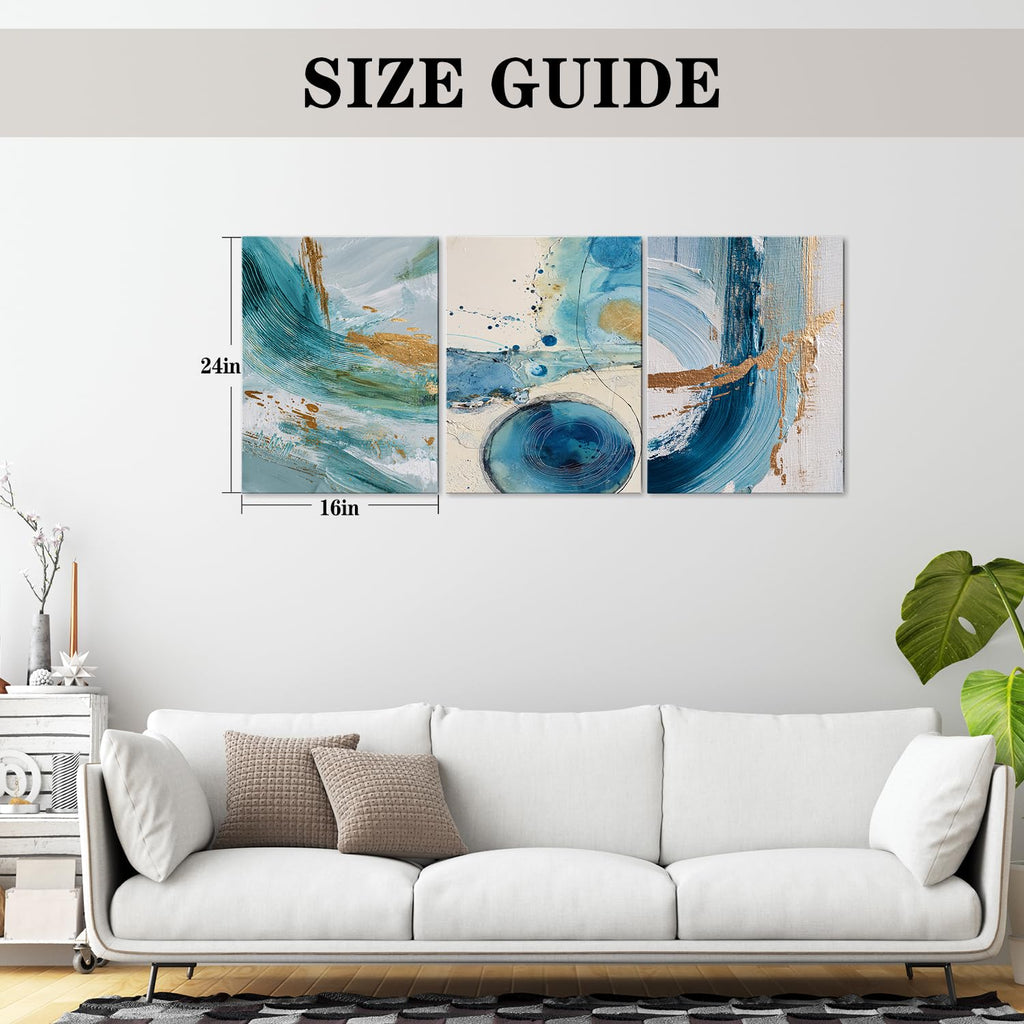 3 Piece Abstract Wall Art, Blue Teal and Gold Foil Canvas Prints, Modern Minimalist Ocean Abstract Painting, Framed