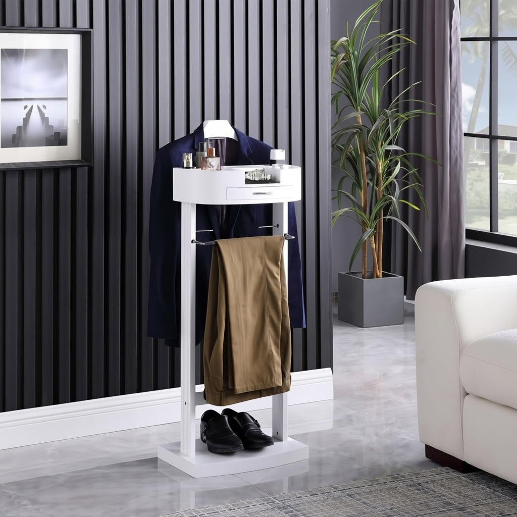 White Valet Stand For Women With Drawer Wood Suit Stand For Mens with Contour Hanger Trouser Shoe Rack Tie & Belt