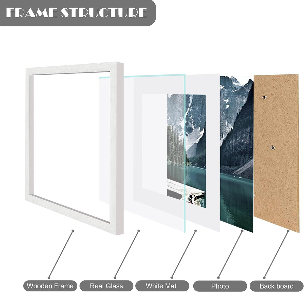 11x14 Picture Frames set of 3, Made of Glass and White Wooden Photo frame - Displays 8x10 Picture with Mat or 11 x 14