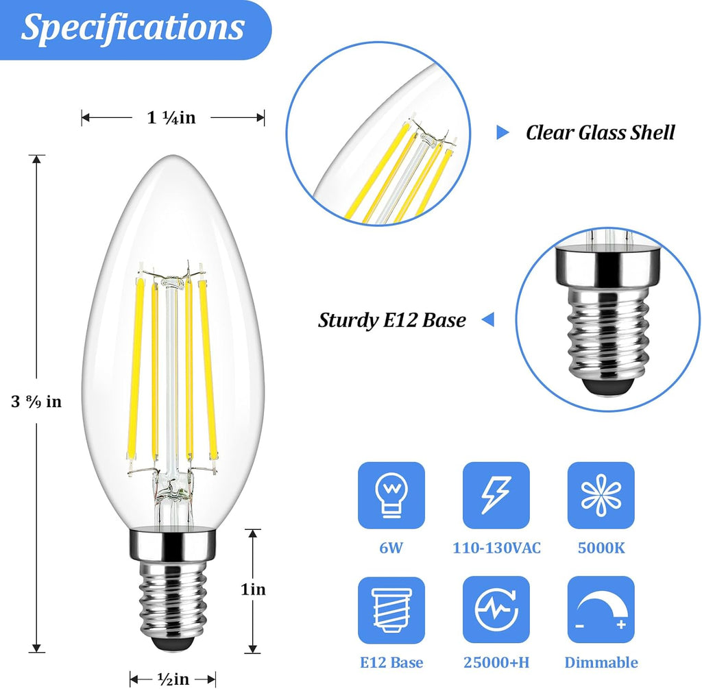 E12 Candelabra LED Light Bulbs 60 Watt Equivalent, 620 Lumen 6W C32 B11 Clear LED Filament Candle Bulbs, Dimmable