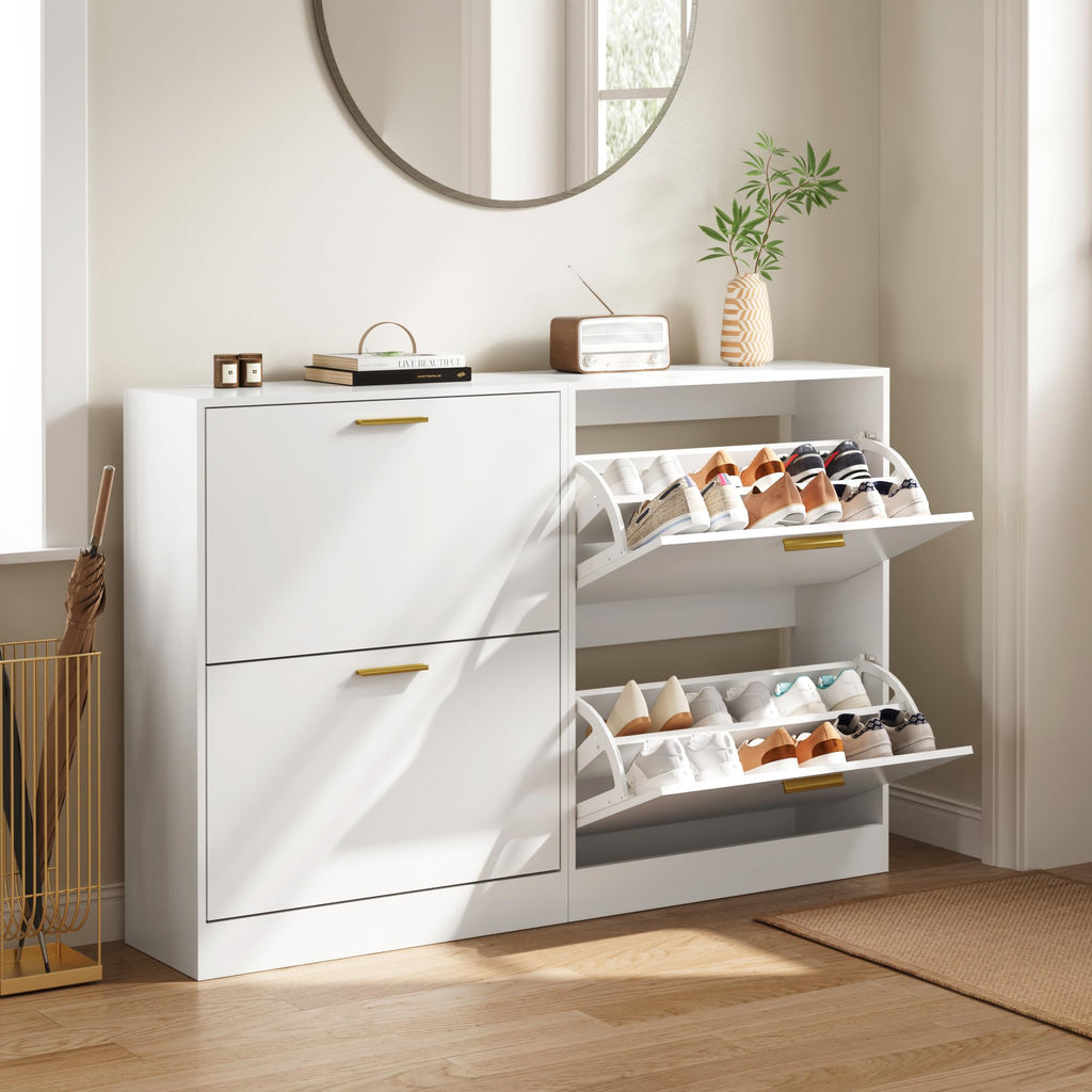 Shoe Cabinet Storage with 2 Flip Drawers and Closed Base, White丨Hidden Shoe Organizer, Freestanding Narrow Shoe