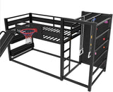 Twin Bunk Bed with Basketball Hoop, Pull-up Rings and Climbing Wall, Twin Bunk Bed with Slide and Bookcase