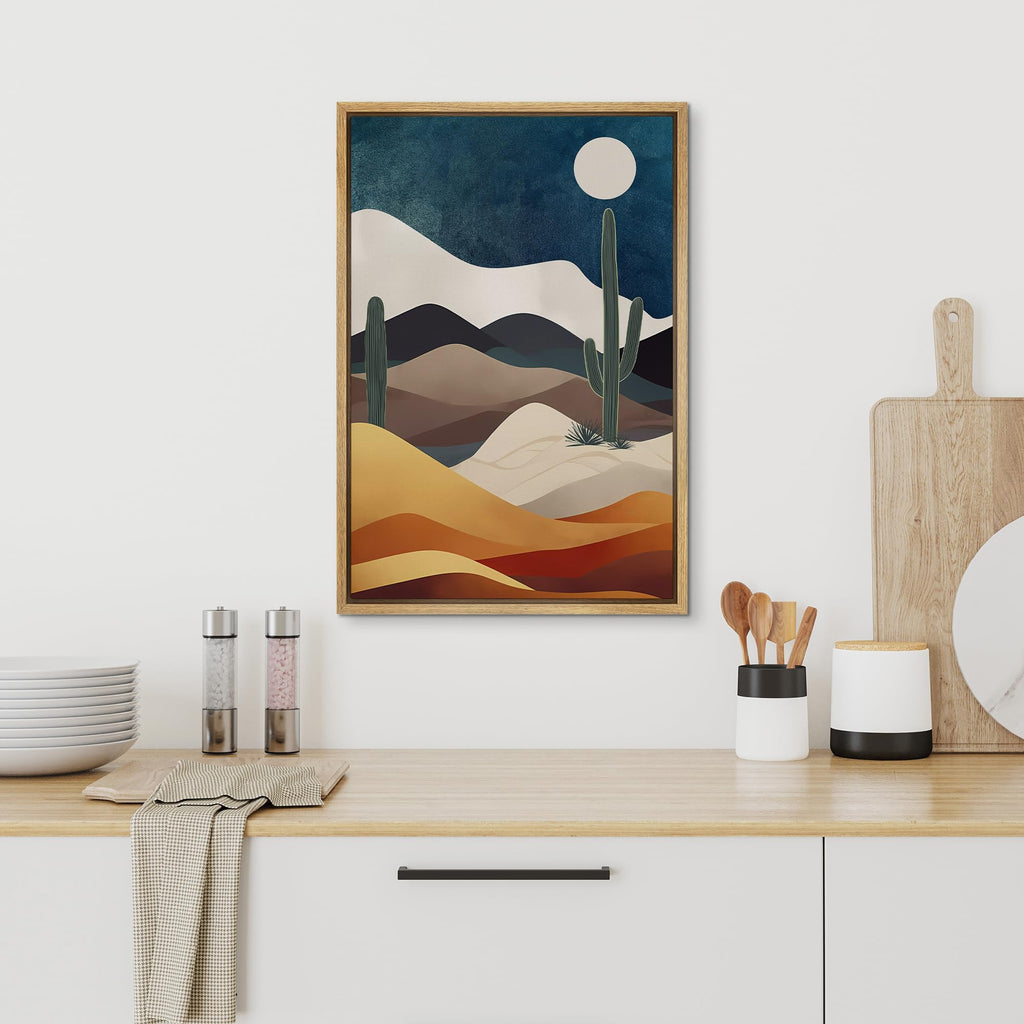 Framed Canvas Print Wall Art Midnight Moon Cactus Desert Dune Nature Wilderness Illustrations Decorative Bohemian