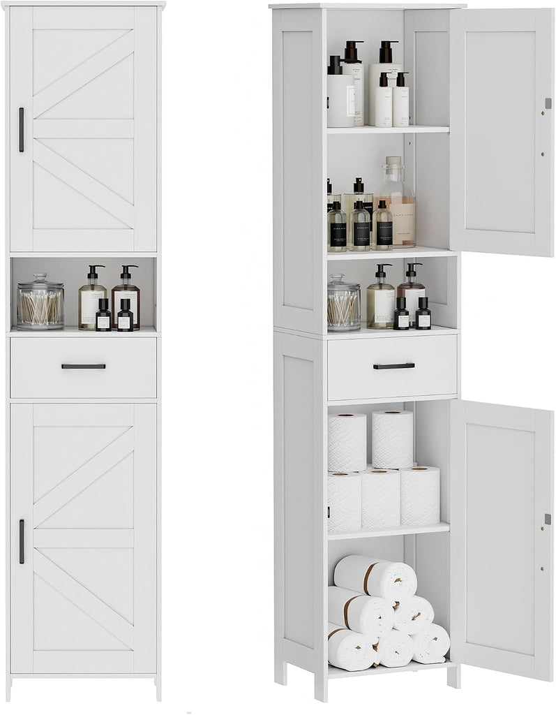 67" H Tall Bathroom Storage Cabinet with Barn Doors and Drawer | Narrow Storage Unit with Adjustable Shelves, Floor