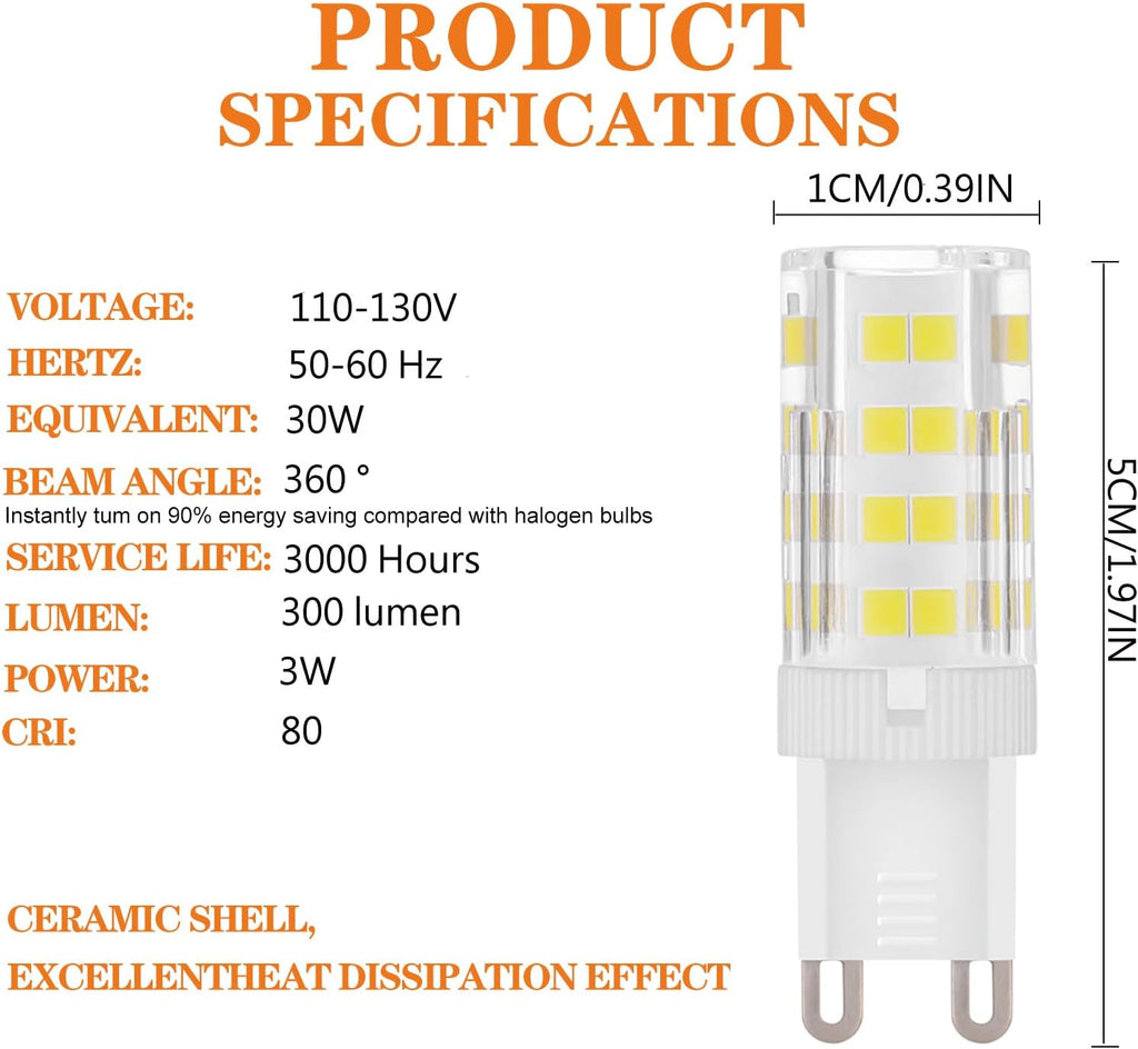 Bi Pin Base G9 LED Bulb 120V 4W 3000K Warm White 2 Pack