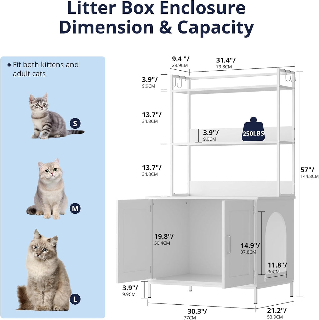 Cat Litter Box Enclosure with Storage, 57'' Hidden Cat House Furniture, Wooden Cat Cabinet with Shelves & 4 S-Hooks