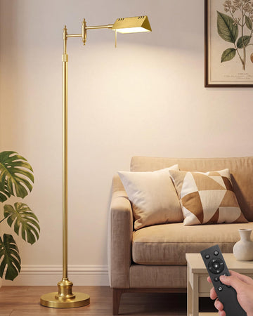 Gold Reading Floor Lamp, Dimmable Pharmacy Standing Lamp with Remote