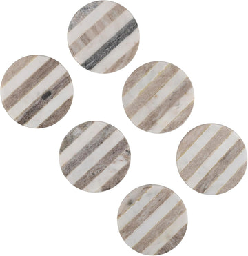 Handcrafted Marble Round Coasters with Striped Inlay White & Grey Marble Coasters for Wine Glasses, Drinks - Set of 6