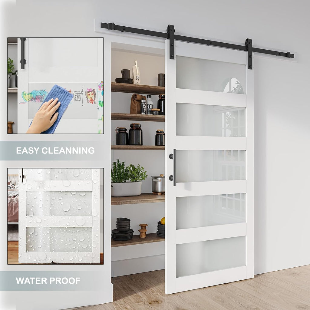 36'' x 84'' Glass Barn Door and 6.6 Ft Hardware Kit Included, MDF White Barn Door Slab with Frosted 
