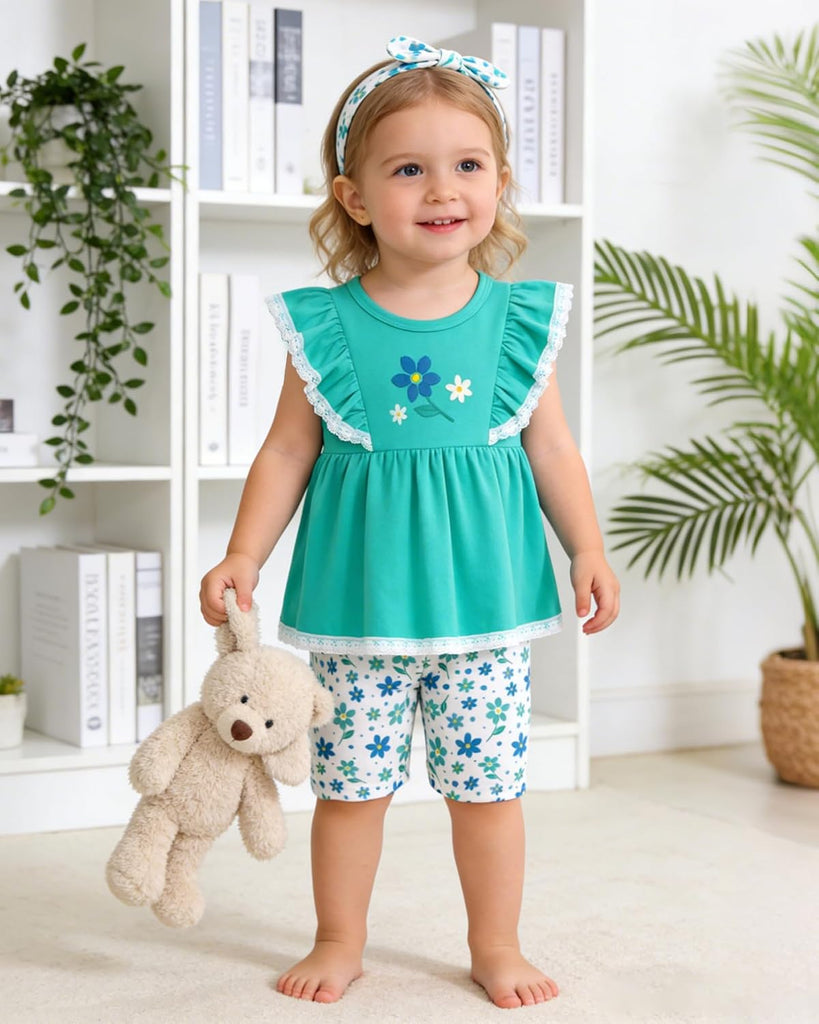 Toddler Baby Girl Shorts Set Summer Clothes 3 Piece Outfit Cute Ruffle Tops + Floral Shorts + Bows Headband