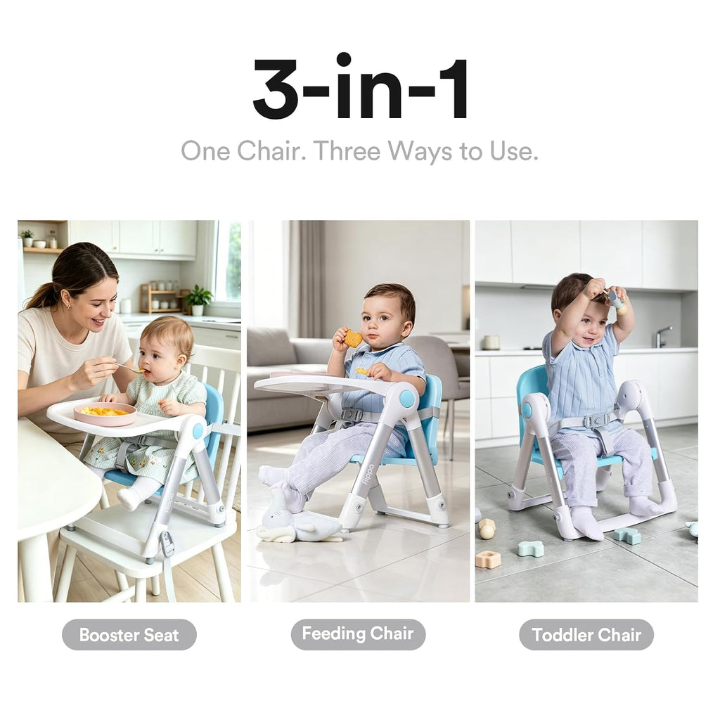 3-in-1 Toddler Booster Seat Chair & Dining Table with Removable Tray and Safety Straps, Portable& Foldable Babies