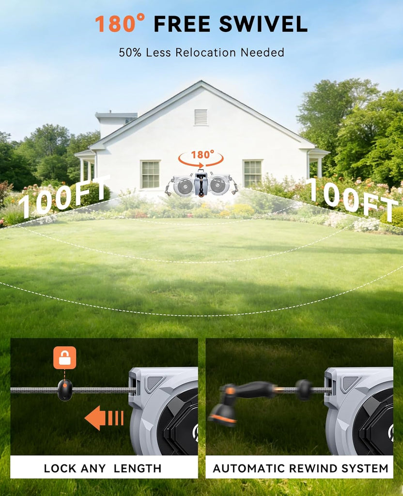 Retractable Garden Hose Reel - 1/2" x 100ft Wall Mounted Hose Reel with 3/4'' Brass Fitting & 10-Pattern Nozzle
