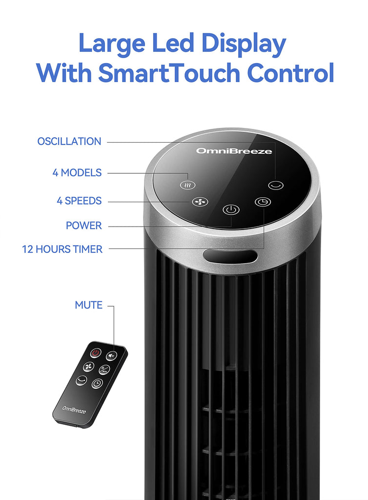 Digital Electric Tower Fan, with Remote Control, LED Display, Standing Bladeless Floor Fans Cooling and Quite Indoor