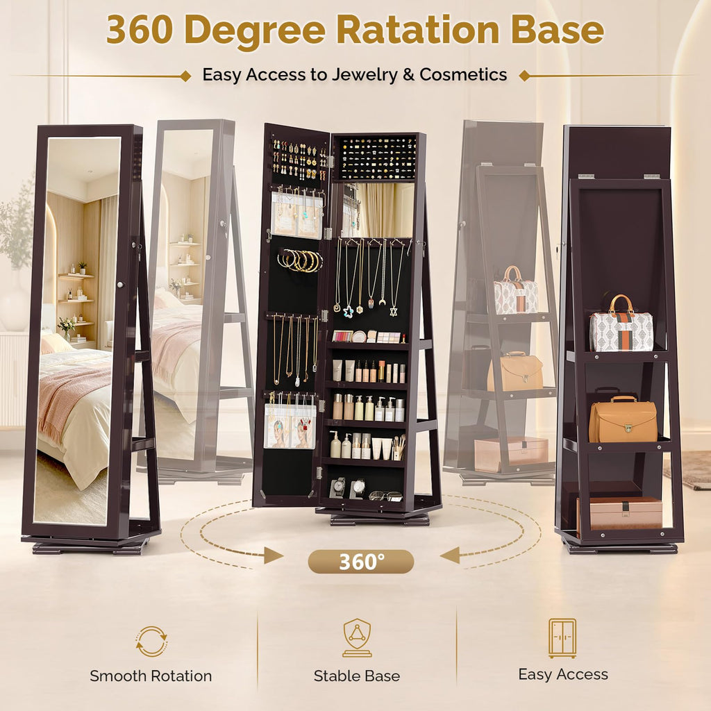 360° Swivel Jewelry Mirror Cabinet with Full-Length Mirror and Interior Makeup Mirror, Lockable Standing Jewelry