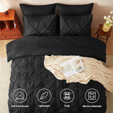 Queen Comforter Set Black, 7 Pieces Pintuck Bed in A Bag, Premium Black Comforter Queen