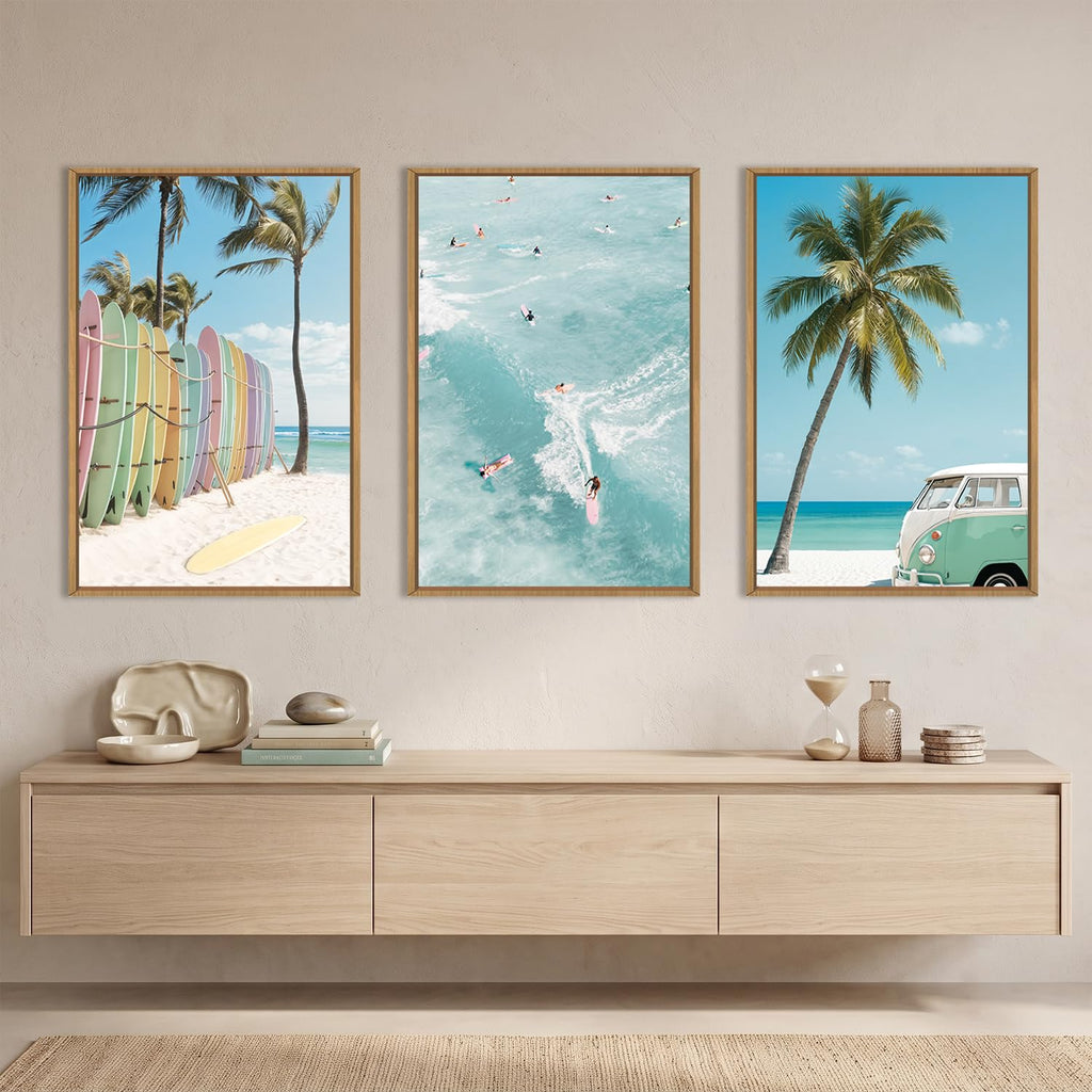 Blue Ocean Surfboard Seascape Framed Canvas Wall Art Set-16"x24"x3