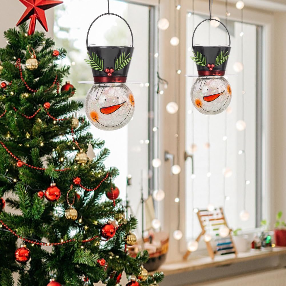 2 Pack Snowman Solar Lanterns, Christmas Outdoor Hanging Lantern Waterproof Decorative Snowman Lights Decor for