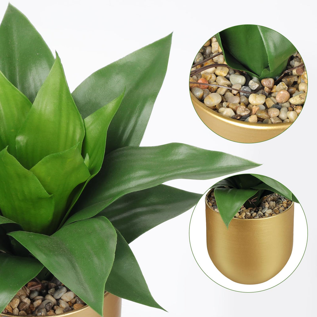 Agave Artificial Wide Leaf Plant in Gold Pot - 10.2" Tall Faux Greenery with Lush Plastic Leaves & Pebble Base, Fake