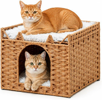 Handwoven PE Rattan Cat Bed with Ears, 2-Level Indoor Cat Cave House with 2 Removable Cushions, Foldable Hideaway