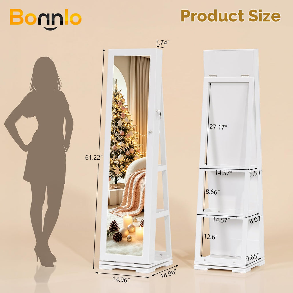 360° Swivel Jewelry Mirror Cabinet with Inside Makeup Mirror, Full Length Mirror with Jewelry Storage, Lockable