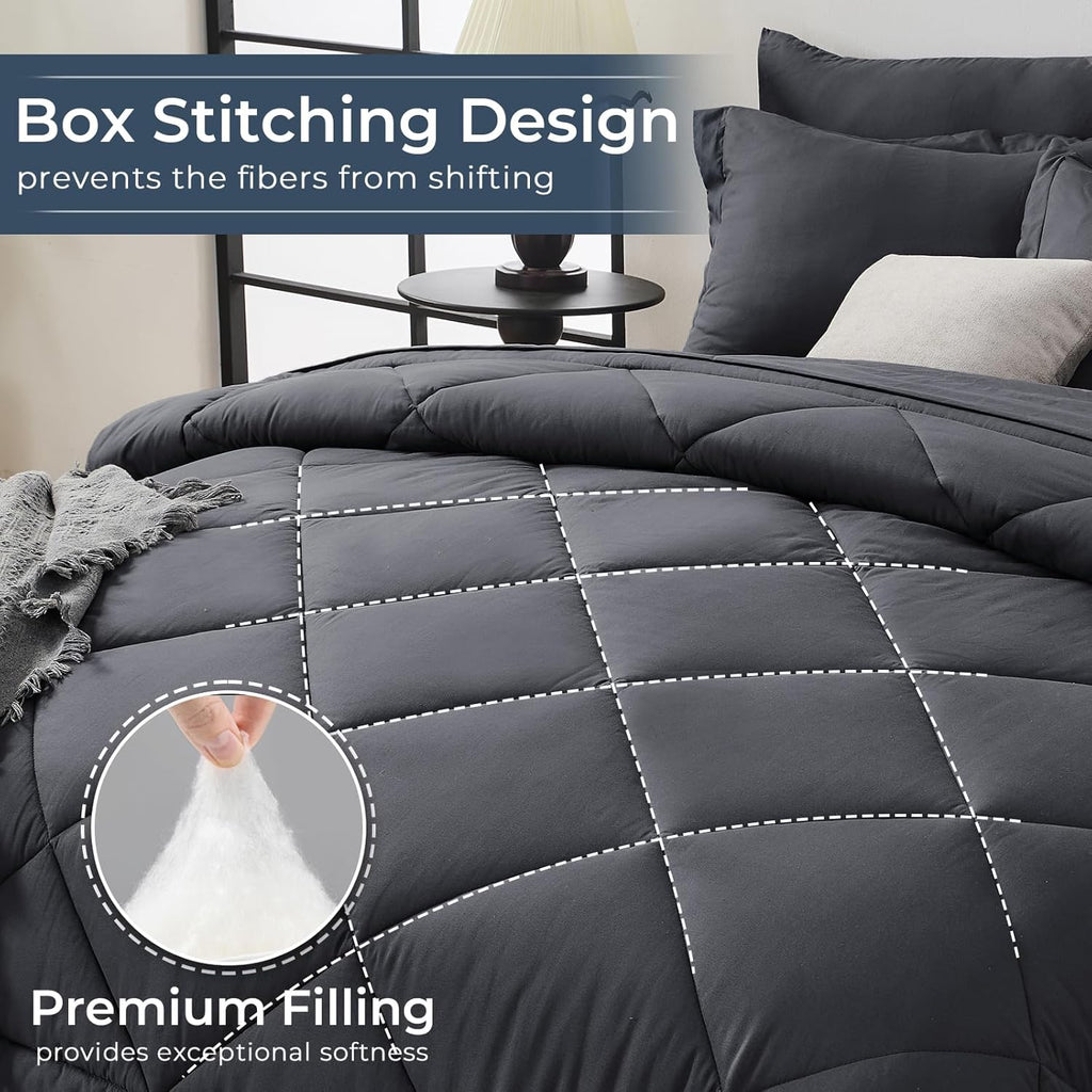 7 Pieces Queen Comforter Set, All Season Reversible Bed in a Bag, Ultra Soft Queen Bedding Set with Grey Comforter