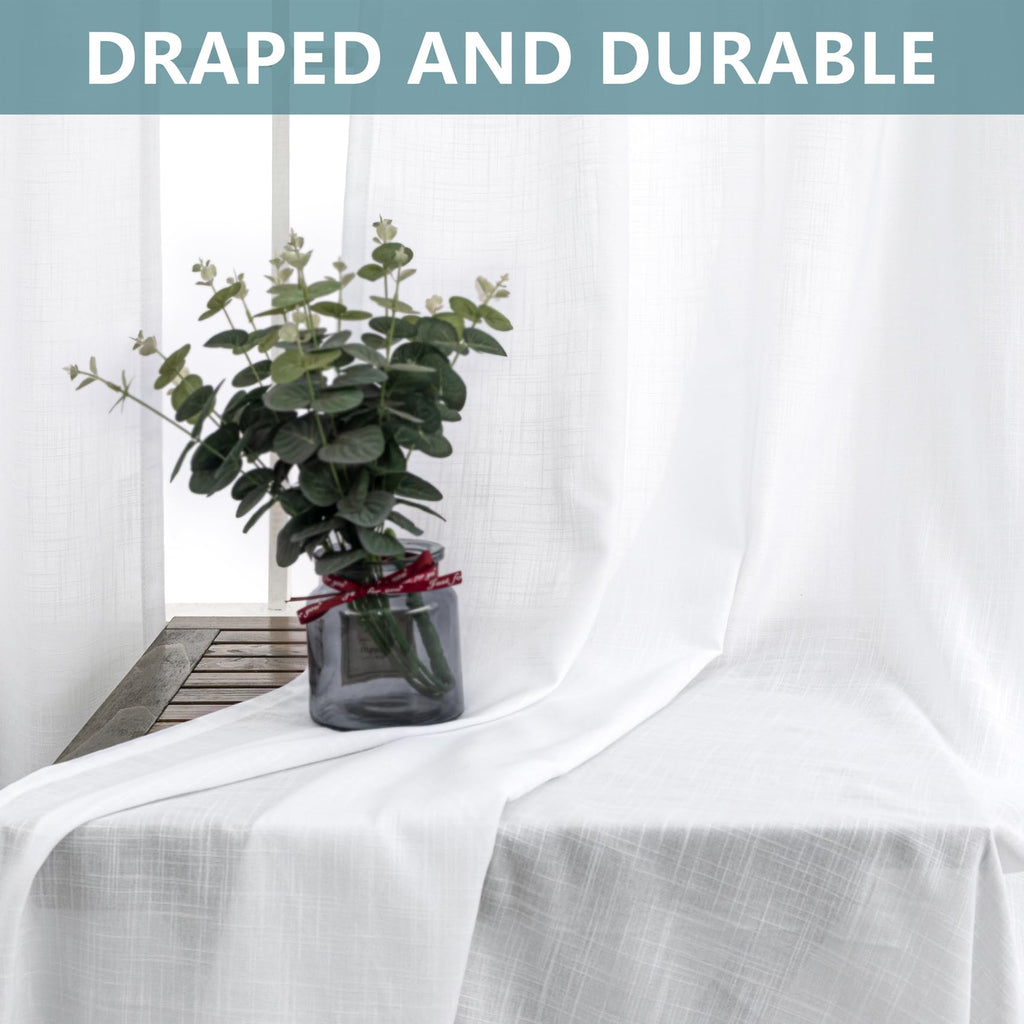 White Curtains 54 Inch Length Farmhouse 2 Panels Tab Top Casual Woven Linen Semi Sheer Short Cafe Tier Curtains Small
