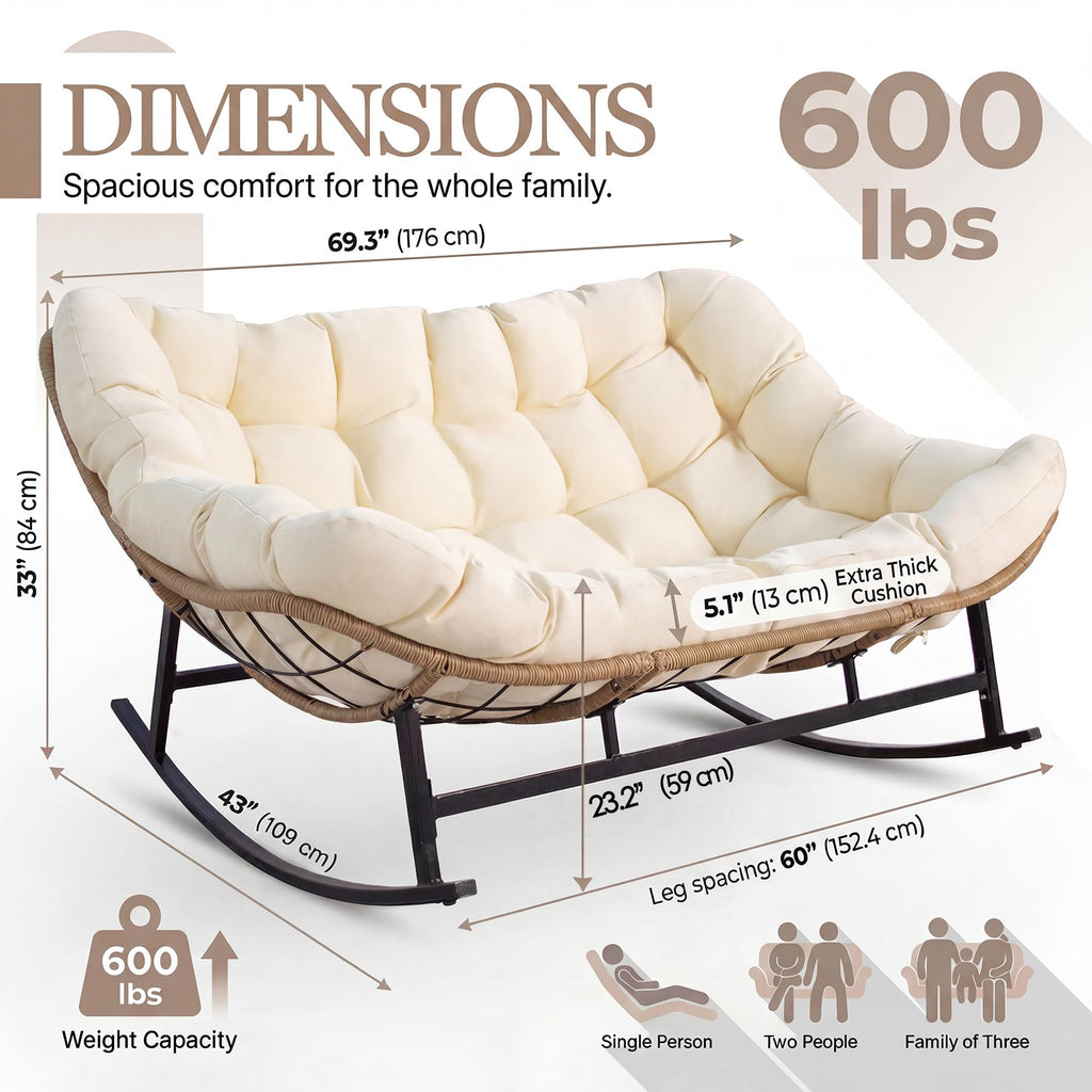 Oversized Double Rocking Papasan Chair with Thick Cushion, 2 Person Big Wicker Outdoor Comfy Recliner, Extra Large