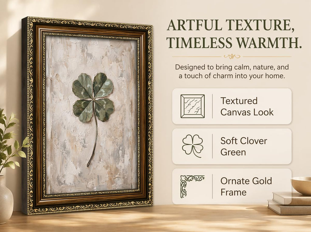 Vintage Framed Four Leaf Clover Wall Art Green Shamrock Botanical Wall Decor Rustic Neutral Green Plant Painting
