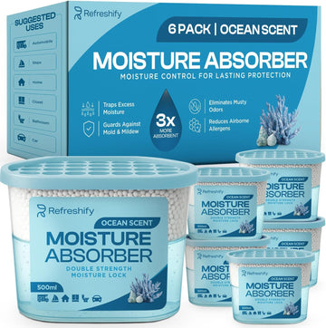 Premium Moisture Absorbers and Dehumidifier Tubs - High-Efficiency Closet Dehumidifier, Ocean Scent, 6 Pack, 7.5 Oz