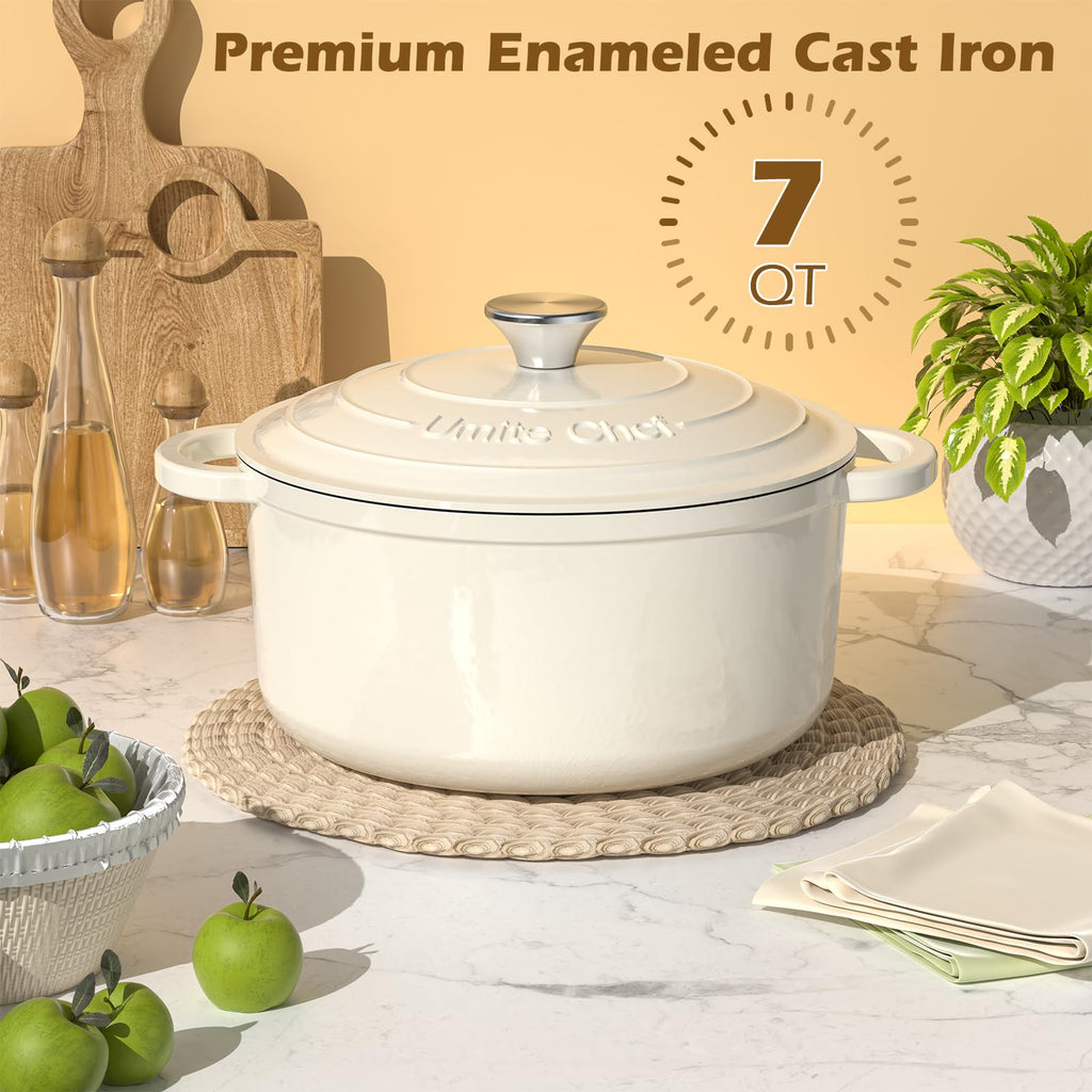 Enameled Cast Iron Dutch Oven-7QT Pot with Lid Cookbook & Cotton, Heavy-Duty Cookware for for Bread Baking, Braising