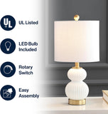 20" White/Brass Gold Ribbed Gourd Glass Table Lamp, Modern Bedside Lamp Living Room, White Linen Drum Shade