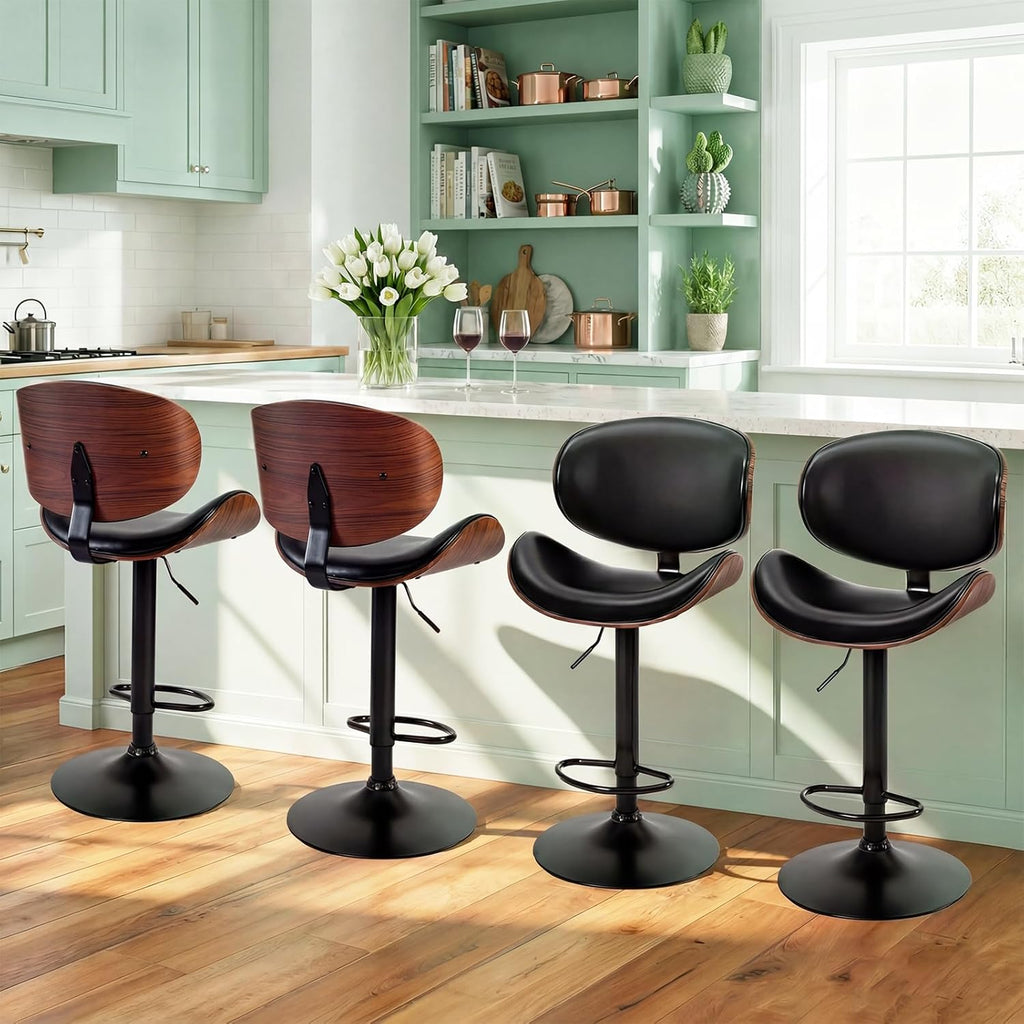Swivel Bar Stools Set of 4, Adjustable Counter Height 24.6"-33.3" Bentwood BarStools, PU Leather Upholstery Bar Chair